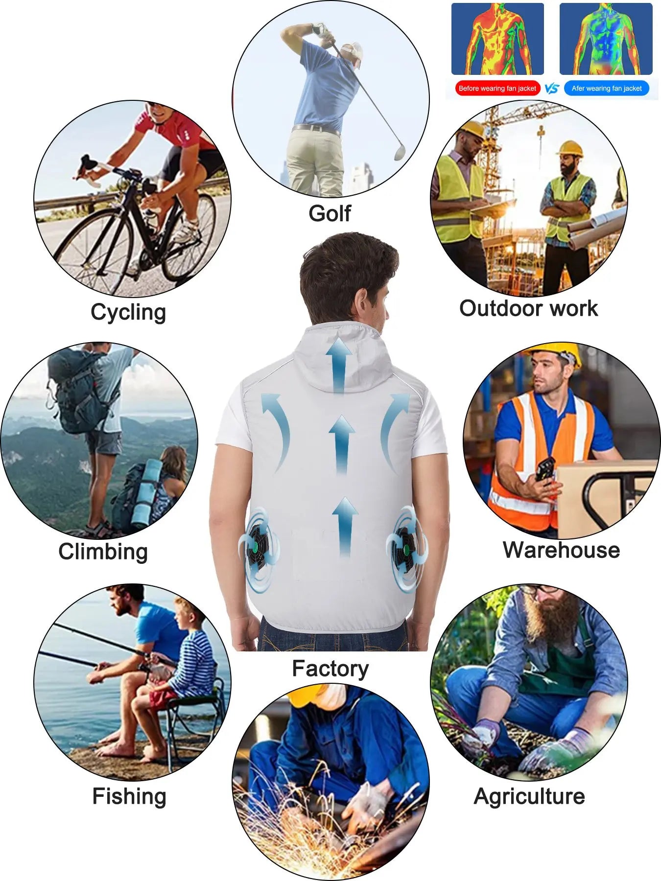 Summer Sport Fan Air Condition Cool Man Woman Travel Ultralight Brand Outdoor Vest Clothes Jacket Sun Windbreaker Fishing Worker