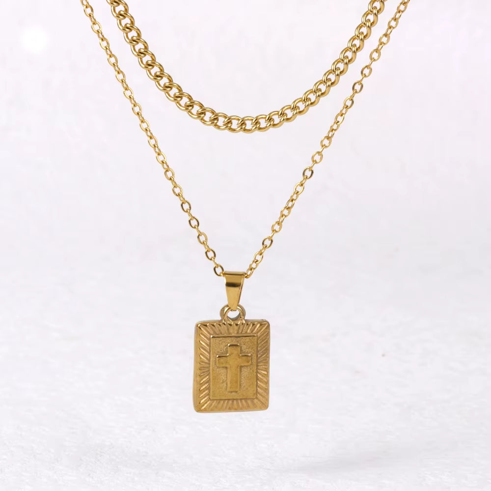 Vintage Stainless Steel Double Layer Wear Women'S Titanium Steel Cross Necklace Fashion Simple Cross Pendant Necklace for Men