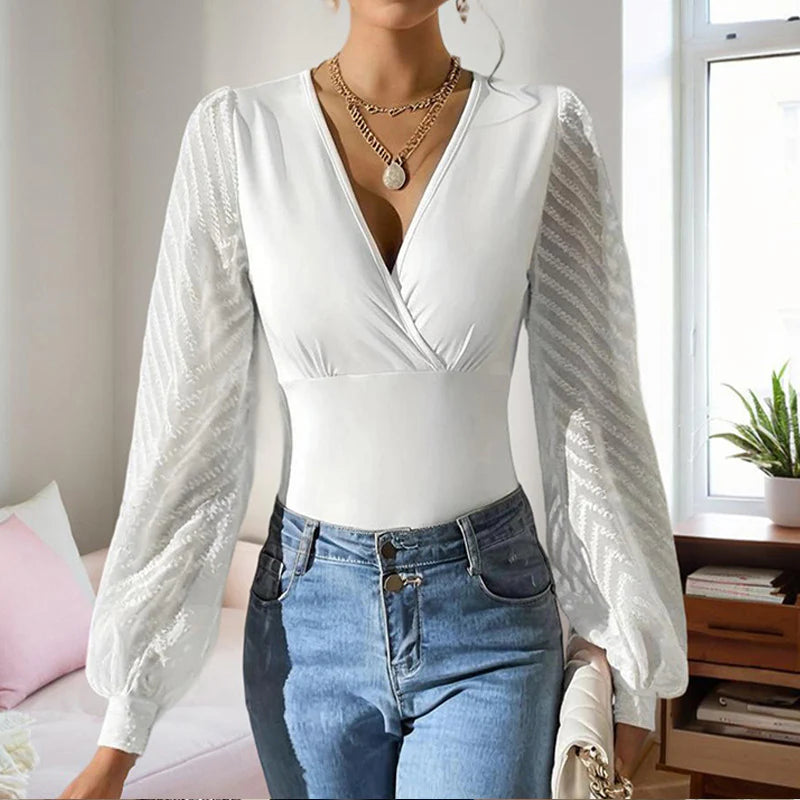 Women Elegant Cross Deep V Neck Chiffon Semi-Sheer Sleeve Shirt