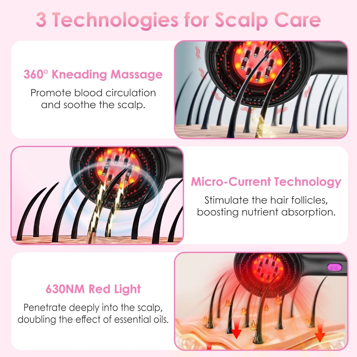 3 in 1 Red Light Scalp Massage Brush Wireless Hair Oil Applicator Massage Comb with 3 Modes Rechargeable Ipx7 Waterproof
