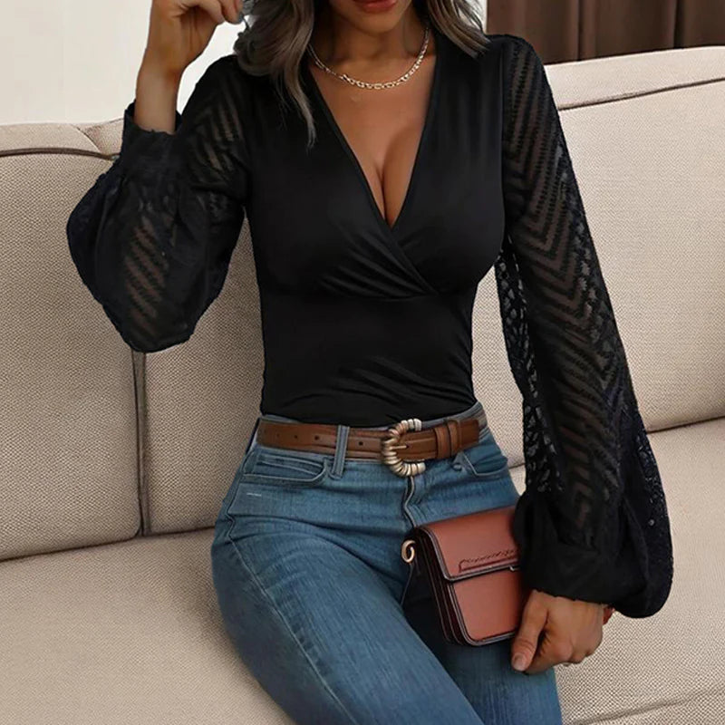 Women Elegant Cross Deep V Neck Chiffon Semi-Sheer Sleeve Shirt