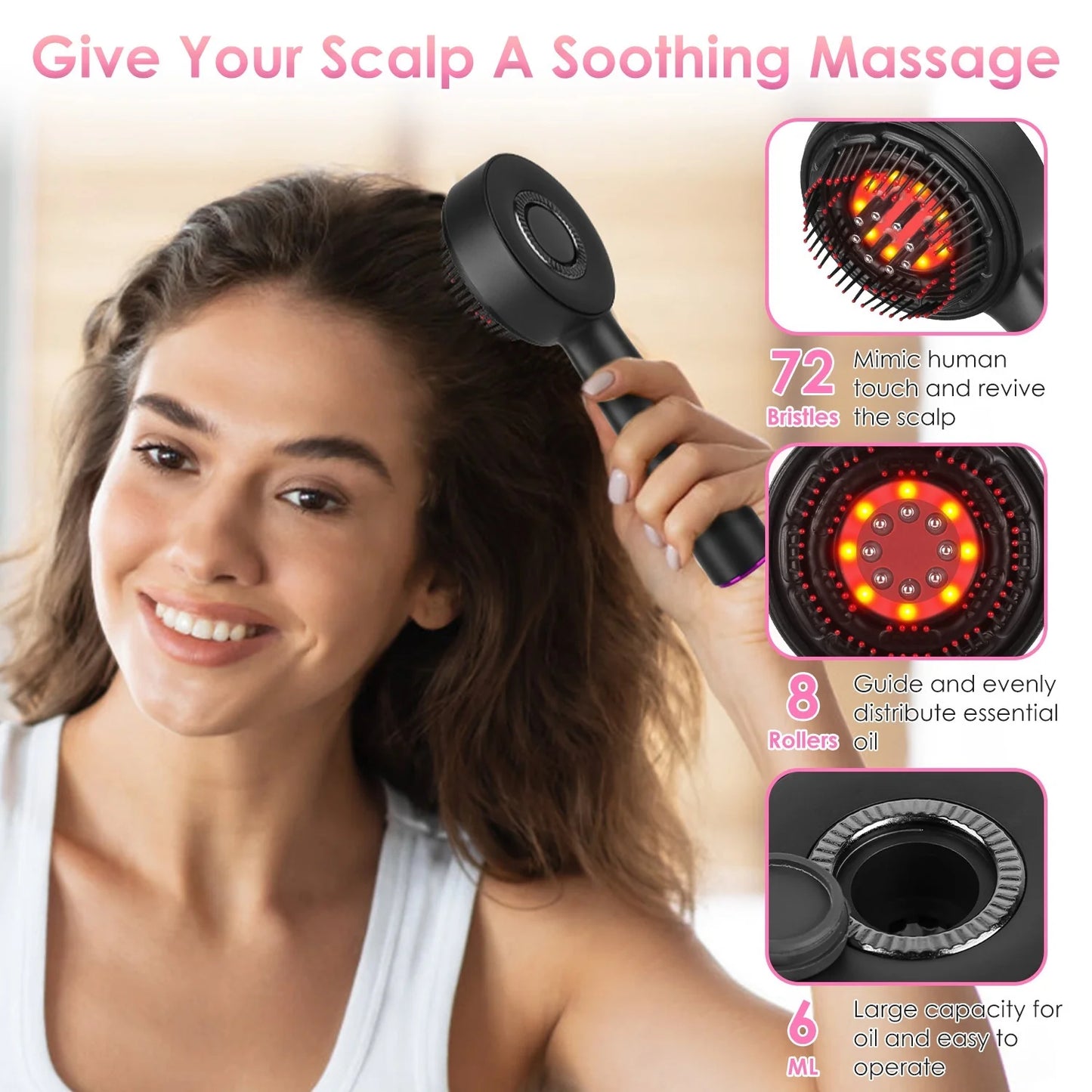 3 in 1 Red Light Scalp Massage Brush Wireless Hair Oil Applicator Massage Comb with 3 Modes Rechargeable Ipx7 Waterproof