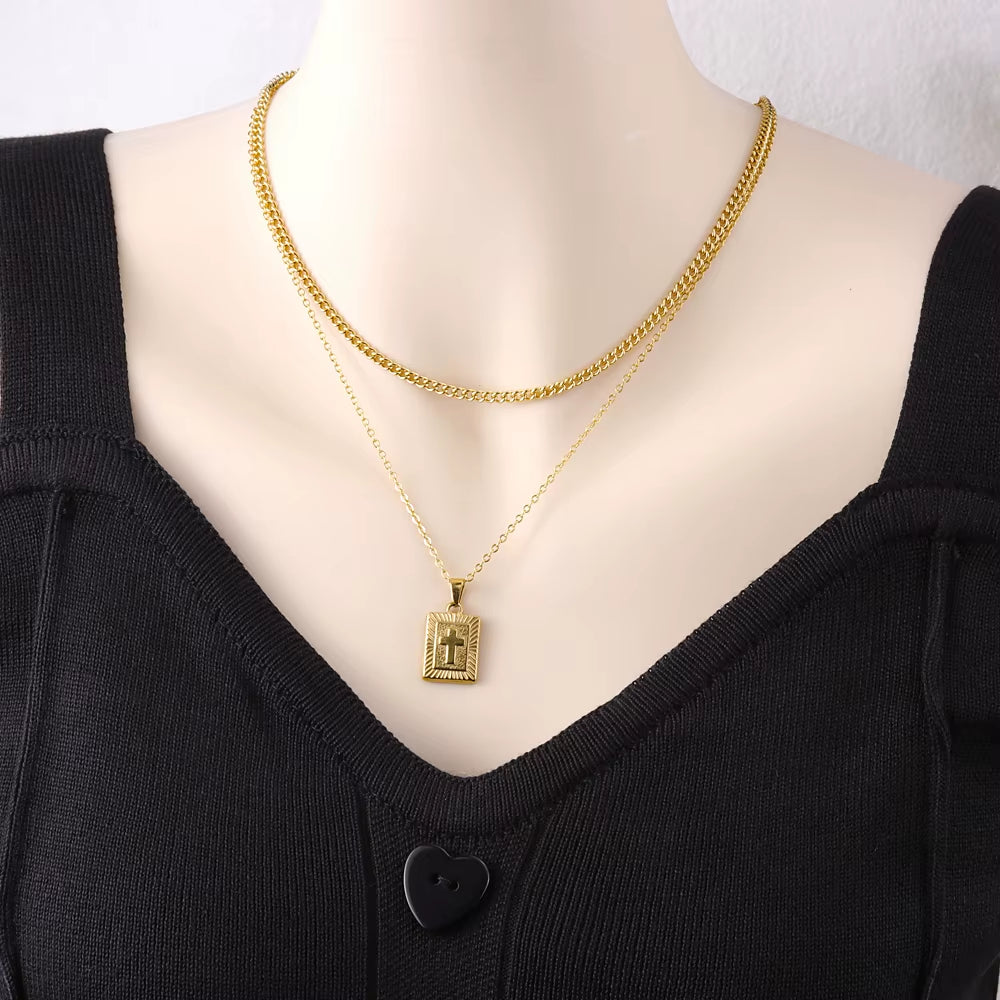 Vintage Stainless Steel Double Layer Wear Women'S Titanium Steel Cross Necklace Fashion Simple Cross Pendant Necklace for Men