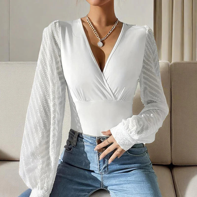 Women Elegant Cross Deep V Neck Chiffon Semi-Sheer Sleeve Shirt