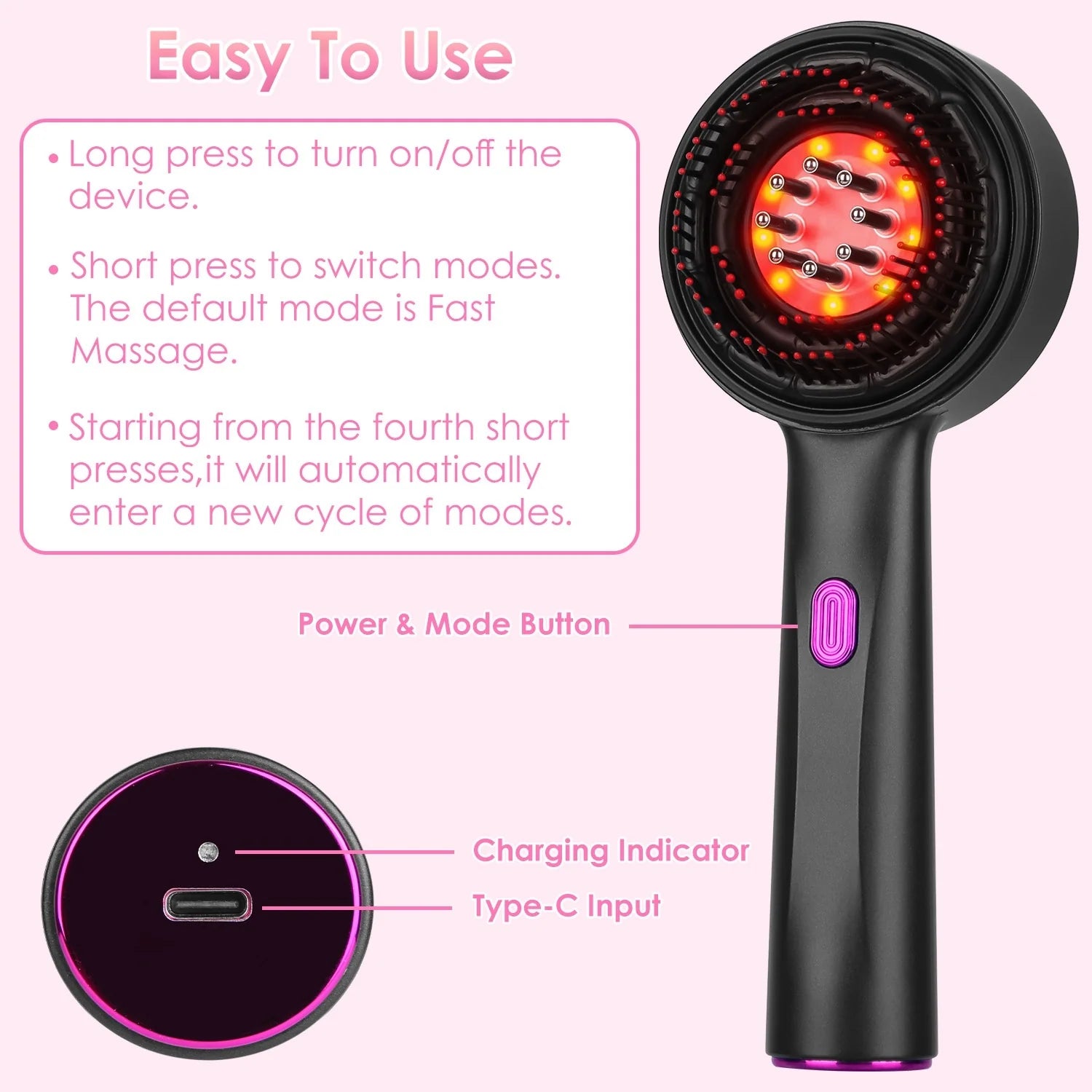 3 in 1 Red Light Scalp Massage Brush Wireless Hair Oil Applicator Massage Comb with 3 Modes Rechargeable Ipx7 Waterproof
