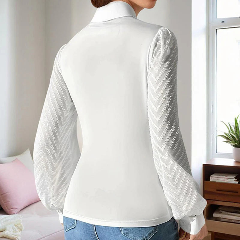 Women Elegant Cross Deep V Neck Chiffon Semi-Sheer Sleeve Shirt