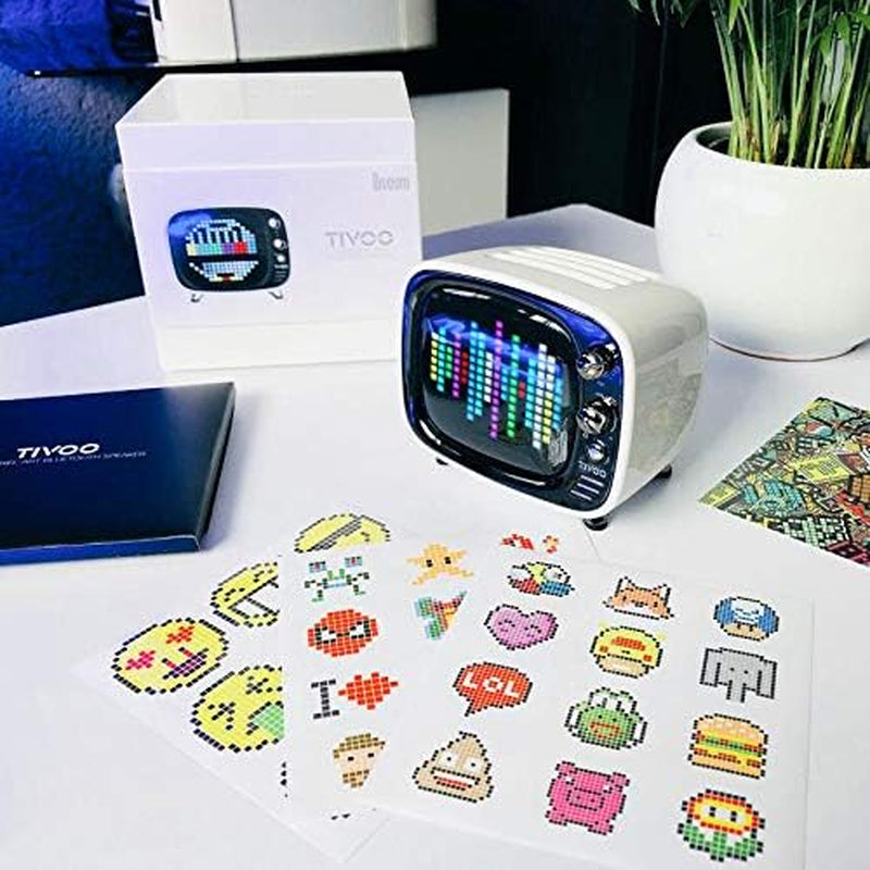Mini Retro Bluetooth Speaker with 16X16 LED Display APP Control- Cool Animation & Gaming Room Setup & Bedside Alarm(White)
