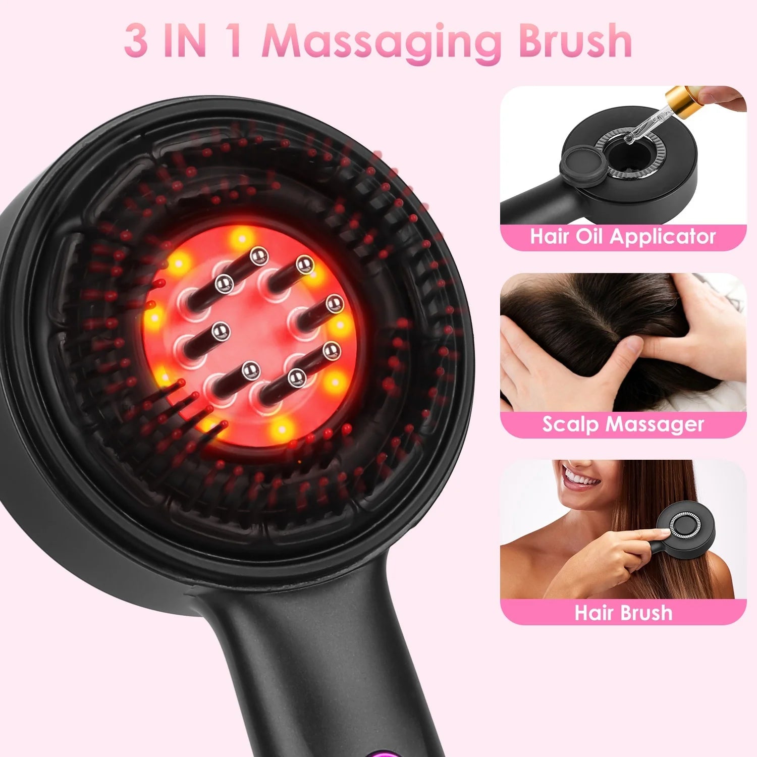 3 in 1 Red Light Scalp Massage Brush Wireless Hair Oil Applicator Massage Comb with 3 Modes Rechargeable Ipx7 Waterproof