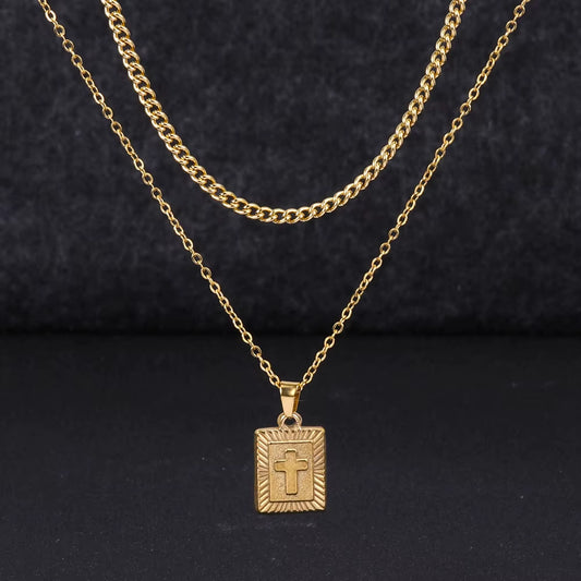 Vintage Stainless Steel Double Layer Wear Women'S Titanium Steel Cross Necklace Fashion Simple Cross Pendant Necklace for Men