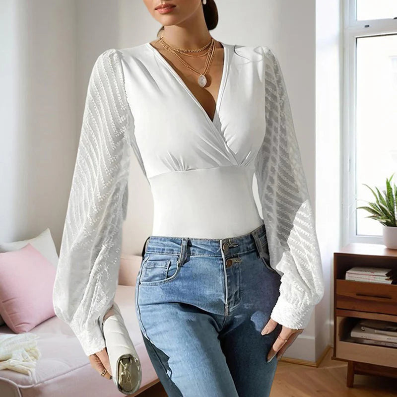 Women Elegant Cross Deep V Neck Chiffon Semi-Sheer Sleeve Shirt