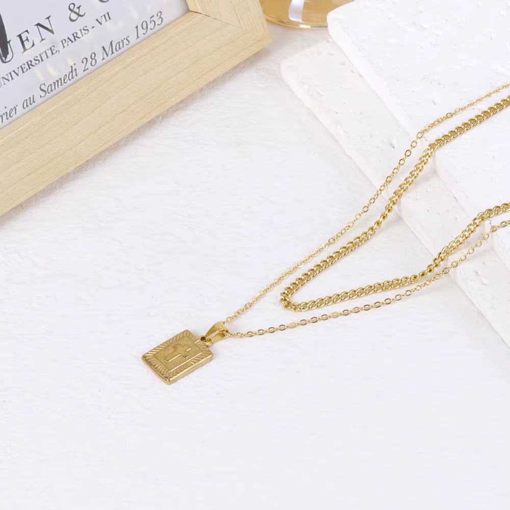 Vintage Stainless Steel Double Layer Wear Women'S Titanium Steel Cross Necklace Fashion Simple Cross Pendant Necklace for Men